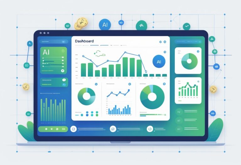 카지노 API 연동 시스템 내 AI 광고 캠페인 트래픽 분석 보고서 구조를 보여주는 데이터 시각화와 아이콘들이 있는 대시보드 이미지