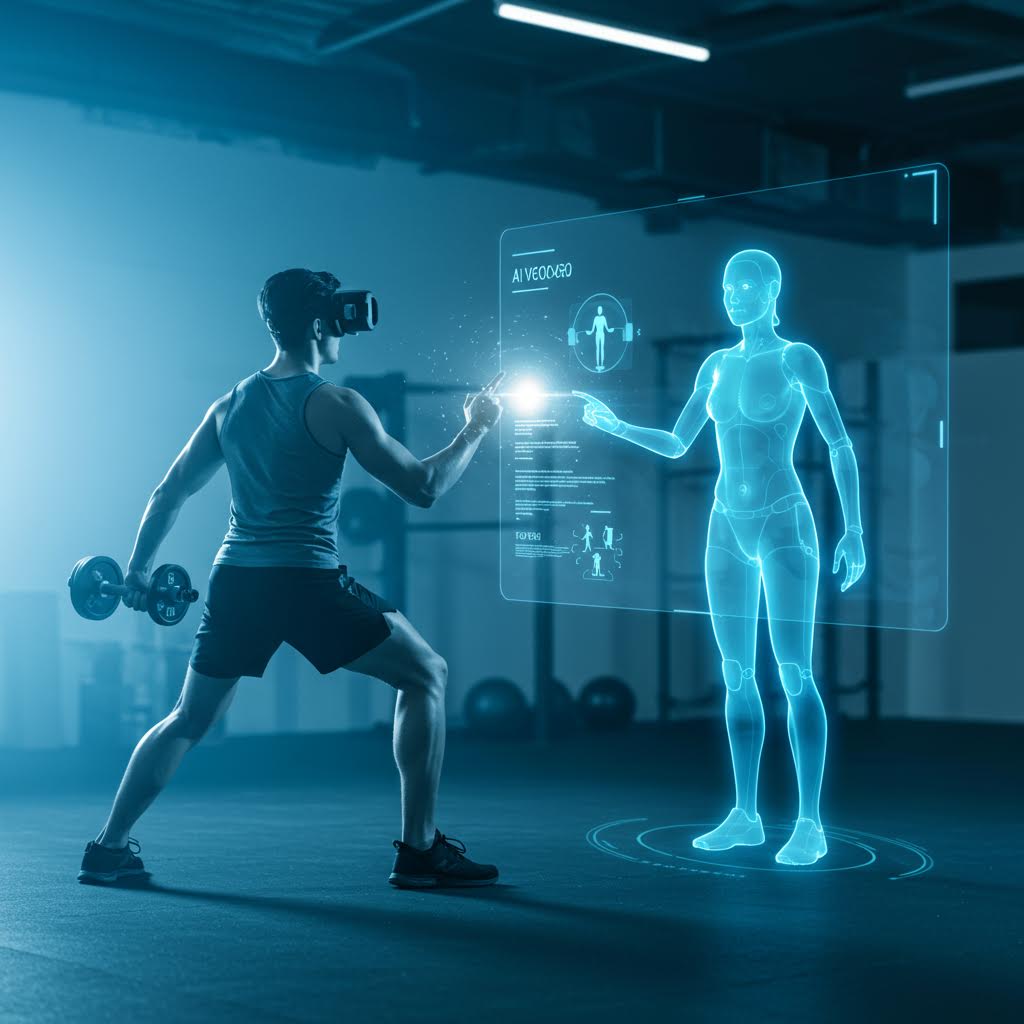 VR 기기를 착용한 사용자가 운동하는 장면 속에 온카스터디가 맞춤형 보안 플랫폼처럼 겹쳐 보이는 화면