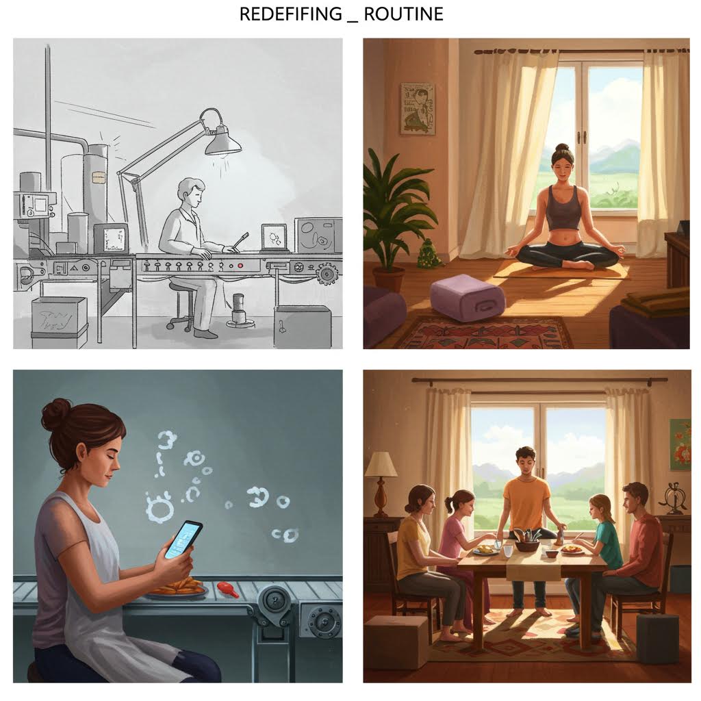 일상의 재정의를 보여주는 4장 그리드: 사무실 스케치, 요가 명상, 스마트 기기 사용, 가족 식사 장면