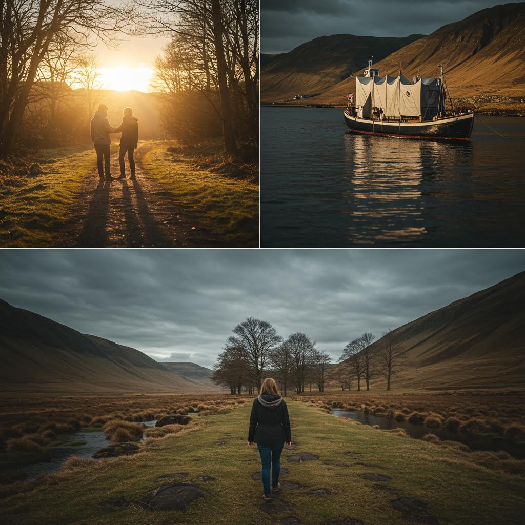 해가 저무는 길 위에서 두 사람이 나누는 대화 속에 온카스터디의 따뜻한 연결이 스며드는 풍경