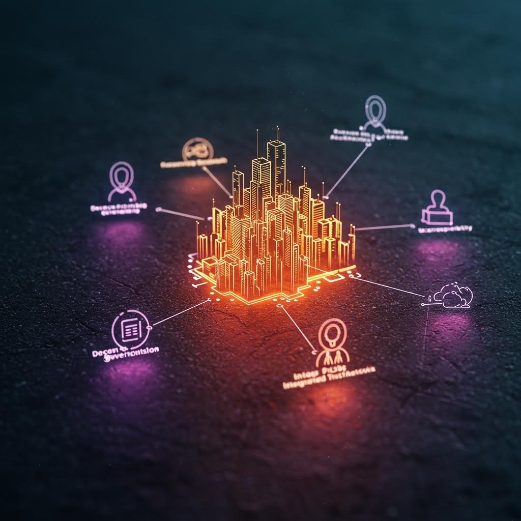 온카스터디 스마트 시티 생태계: 빛나는 도시 모델에 투명성, 검증, 상호운용성 등 핵심 요소가 연결된 네트워크.