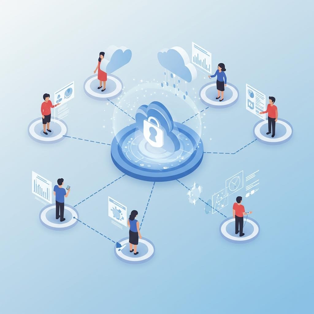 온카스터디 클라우드 보안 네트워크: 중앙 잠금 클라우드에 사용자들이 데이터 대시보드로 연결된 협업 구조.