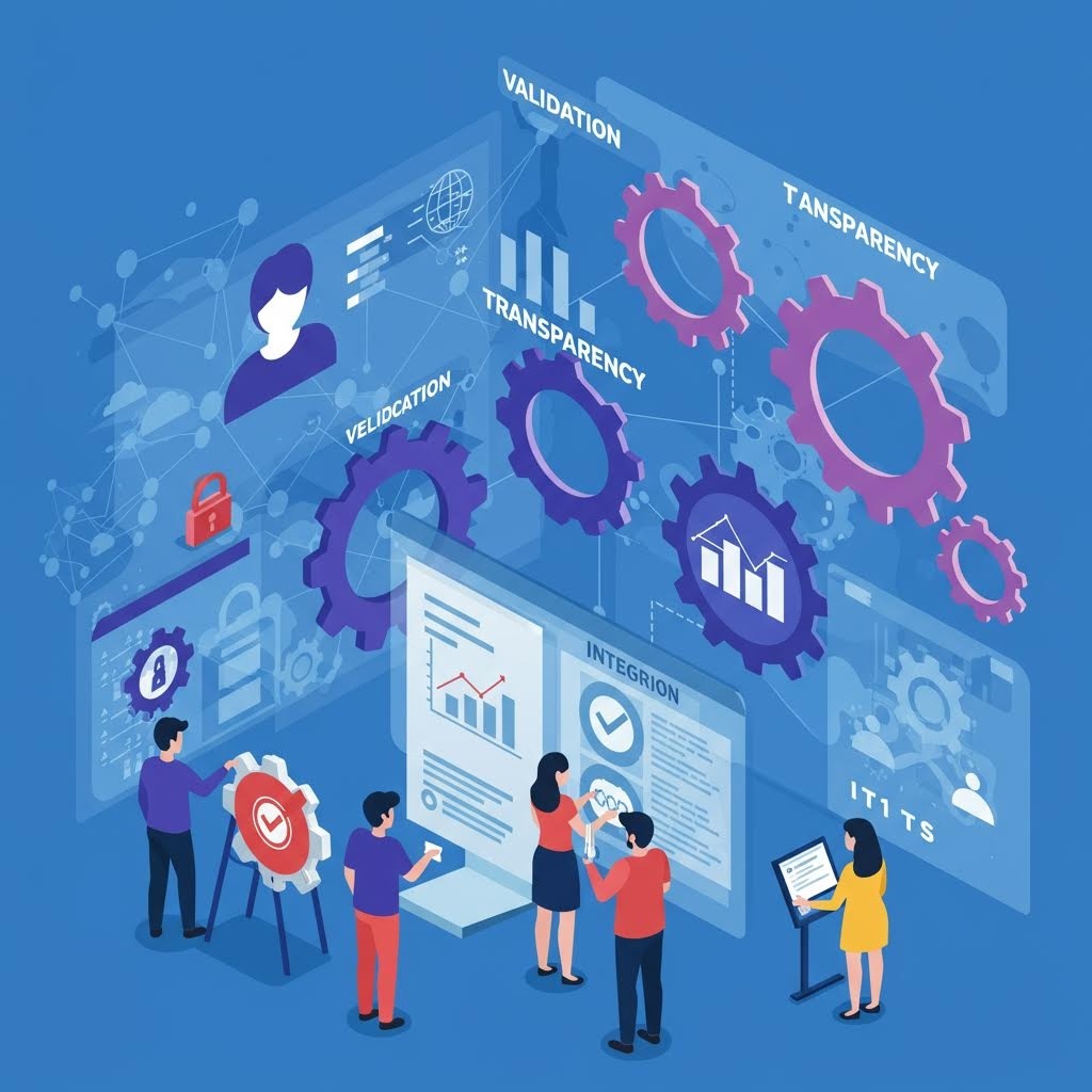 온카스터디 데이터 투명성 시스템: 검증, 투명성, 무결성을 기어로 연결한 디지털 대시보드 협업 장면.