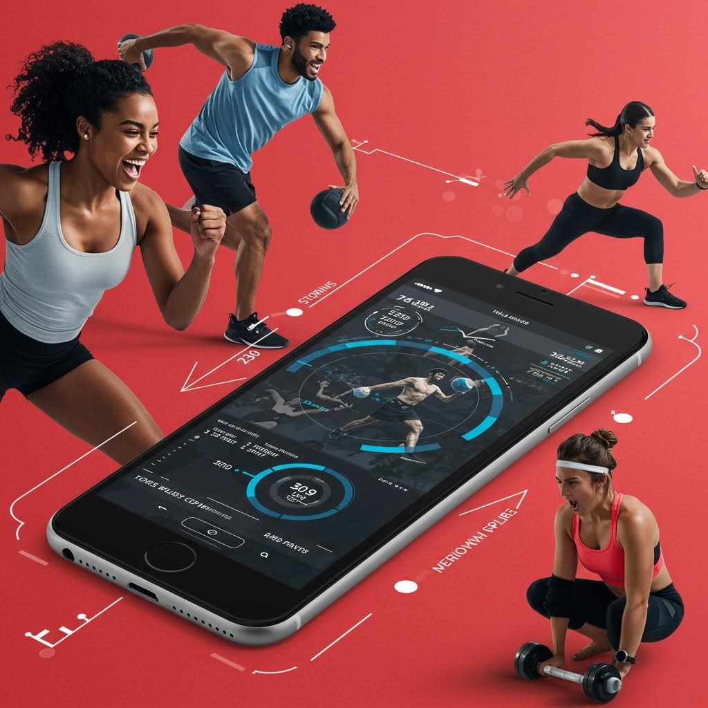 빨간 배경 속 덤벨·러닝 운동하는 5명, 중앙 거대 스마트폰에 309 REPS·74 BPM·STORMS 그래프가 떠 있는 모바일 피트니스 앱 광고 이미지.