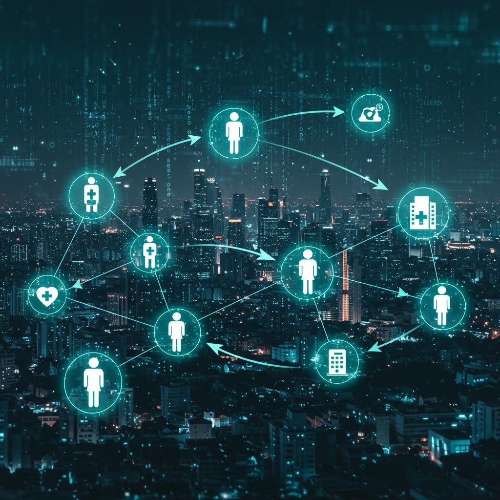 밤하늘 도시 위에 청록색 빛나는 사람·병원·심박·의료 아이콘들이 선으로 연결된 스마트 헬스케어 네트워크 다이어그램.