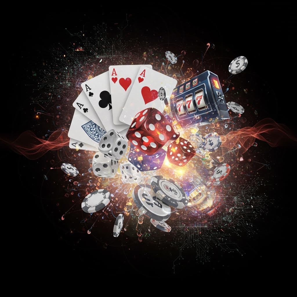폭발 효과와 함께 날아가는 포커 카드 주사위 칩 슬롯머신 다이나믹한 카지노 게임 요소 합성 이미지