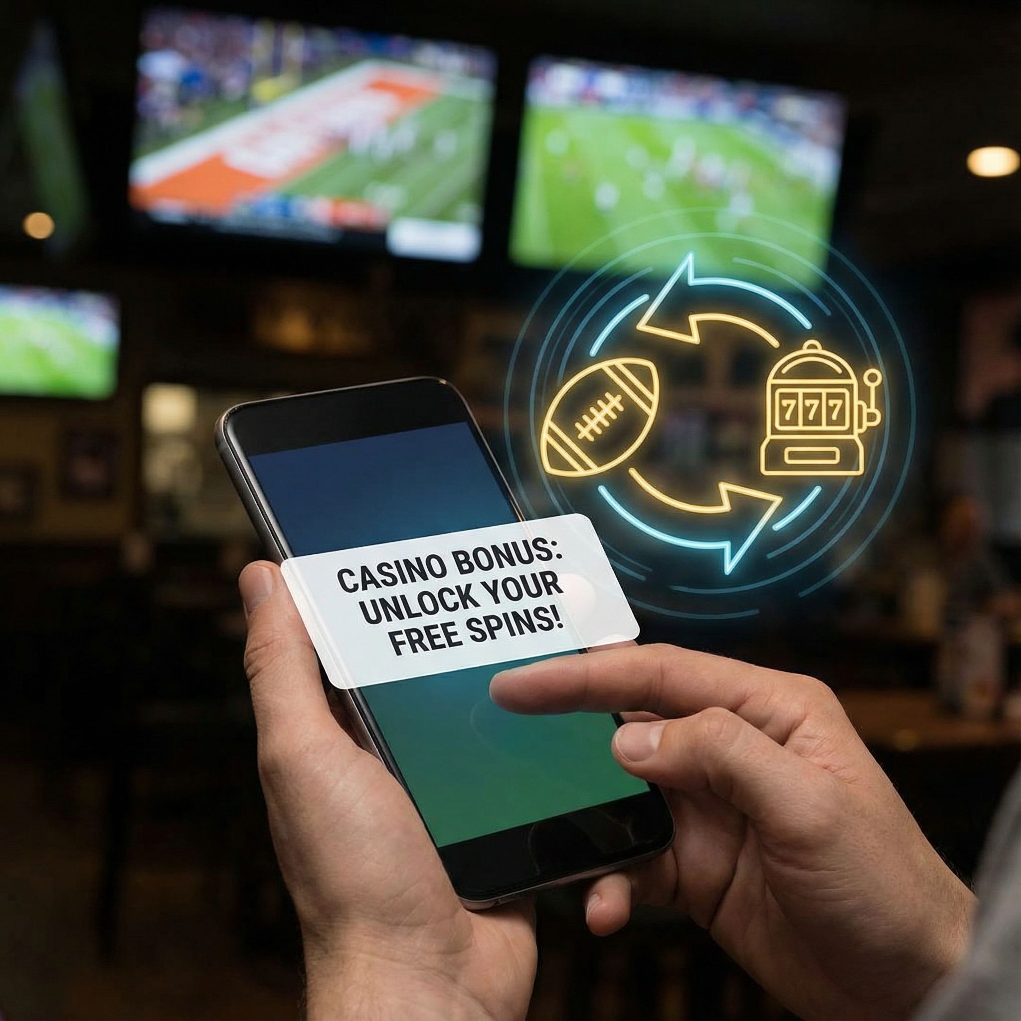 스마트폰에 카지노 쿠폰 알림이 떠 있고 배경에는 교차 판매를 나타내는 빛나는 다이어그램이 펼쳐진 모습이다.