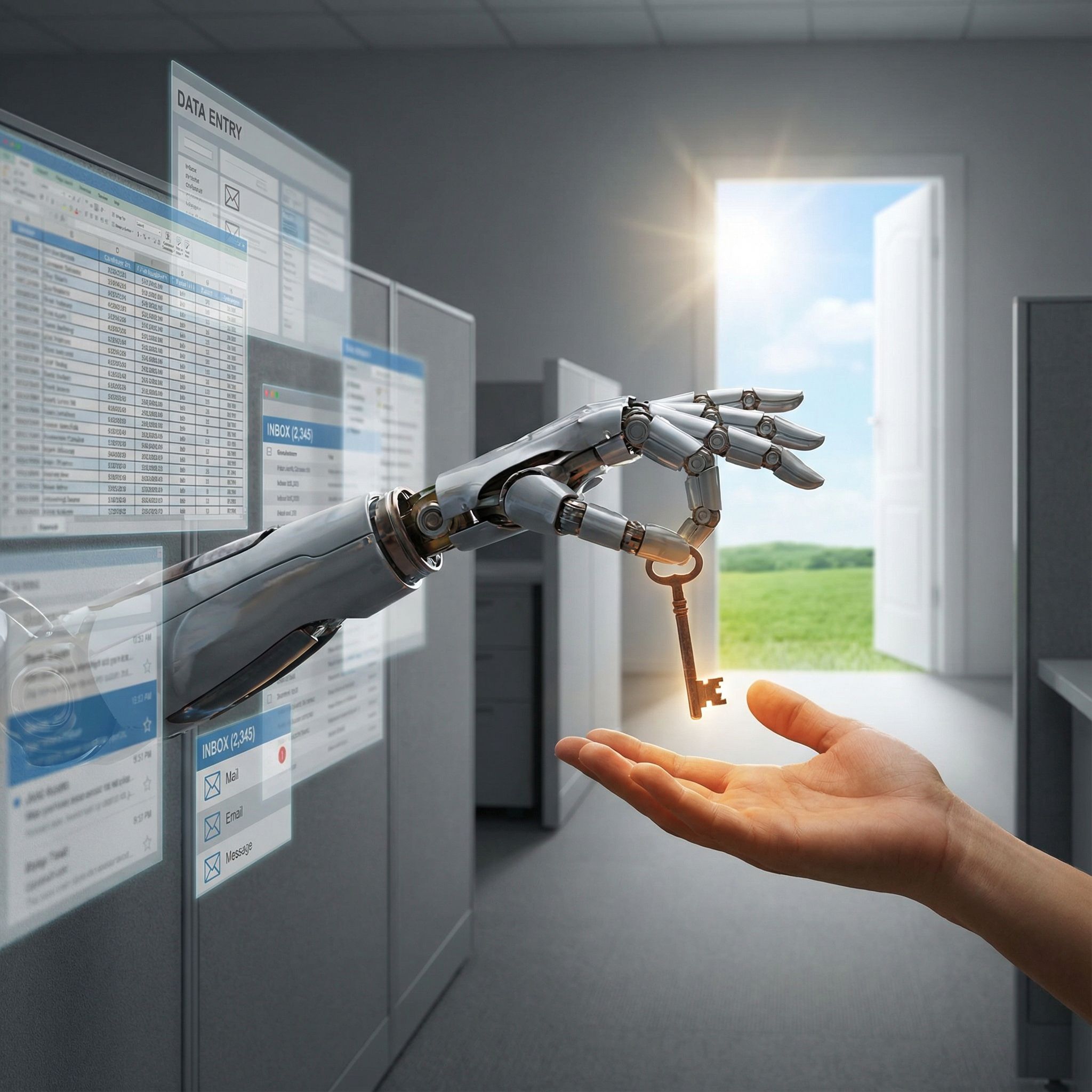 로봇 팔이 인간에게 열쇠를 건네는 모습이며, 배경에는 데이터 입력과 이메일 같은 반복적인 업무들이
