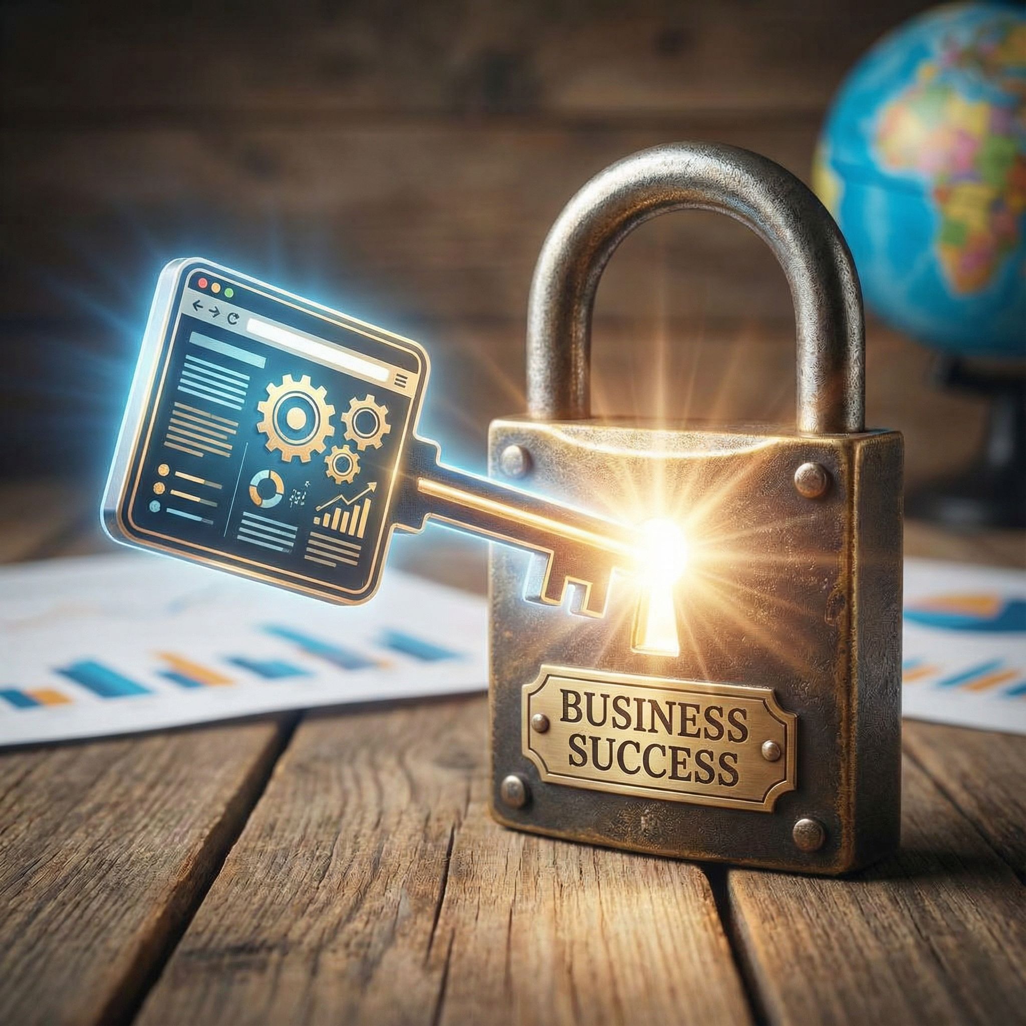 빛나는 열쇠가 비즈니스 성공이라 적힌 자물쇠에 맞물리며 접촉점에서 환한 빛이 뿜어져 나오는 모습이다.