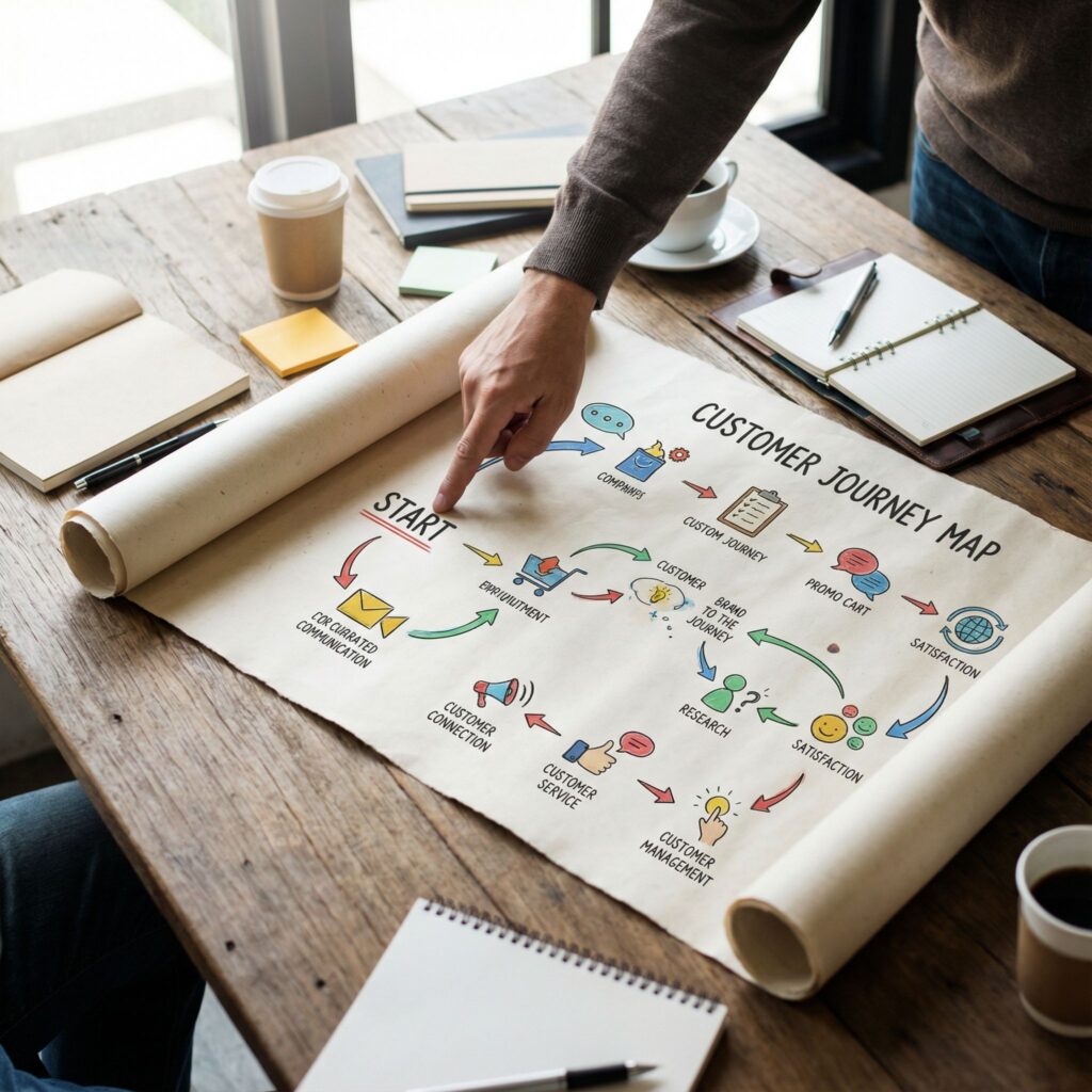 테이블 위에 펼쳐진 대형 고객 여정 지도의 시작점을 손가락으로 가리키고 있는 모습이다.