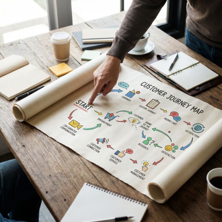 테이블 위에 펼쳐진 대형 고객 여정 지도의 시작점을 손가락으로 가리키고 있는 모습이다.