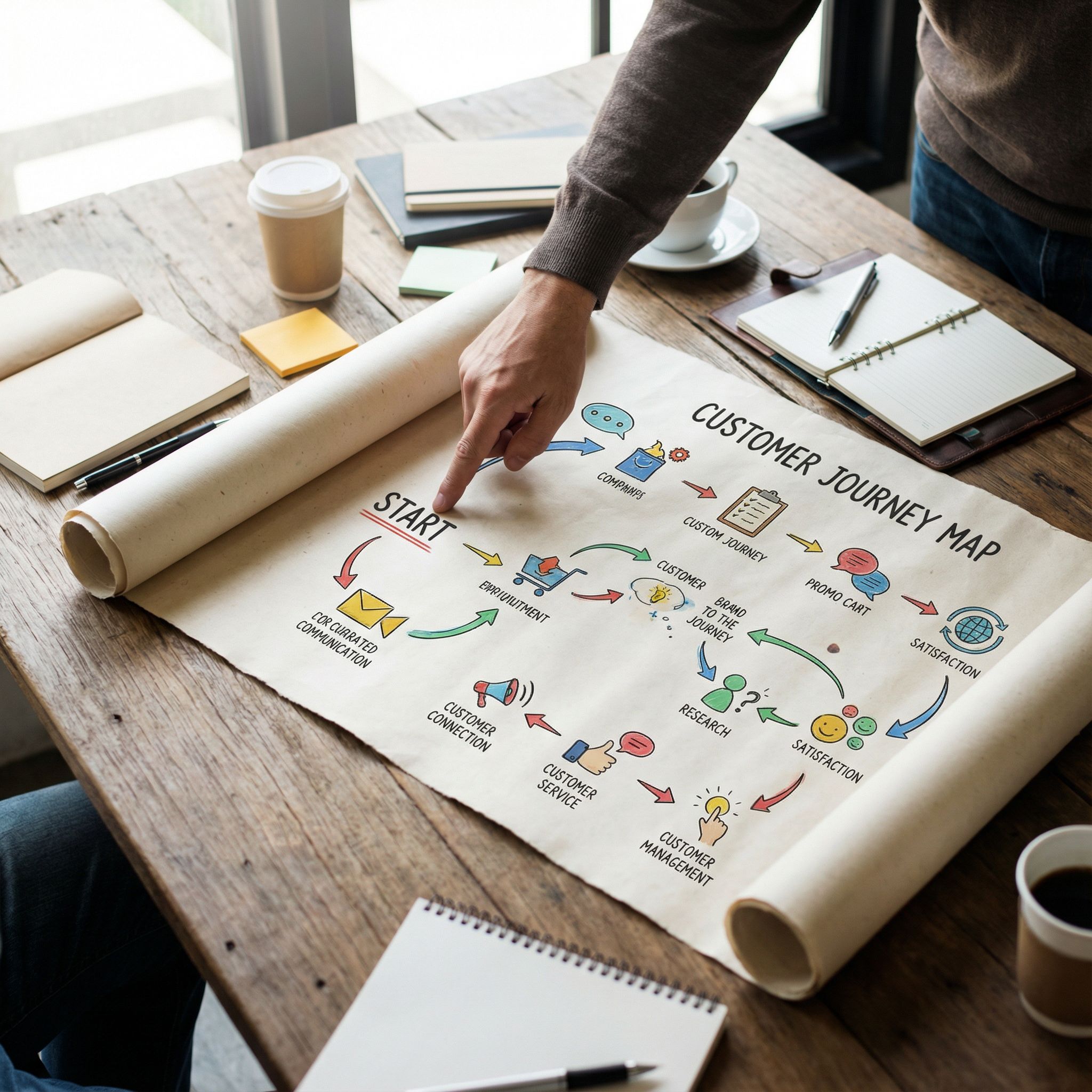 테이블 위에 펼쳐진 대형 고객 여정 지도의 시작점을 손가락으로 가리키고 있는 모습이다.