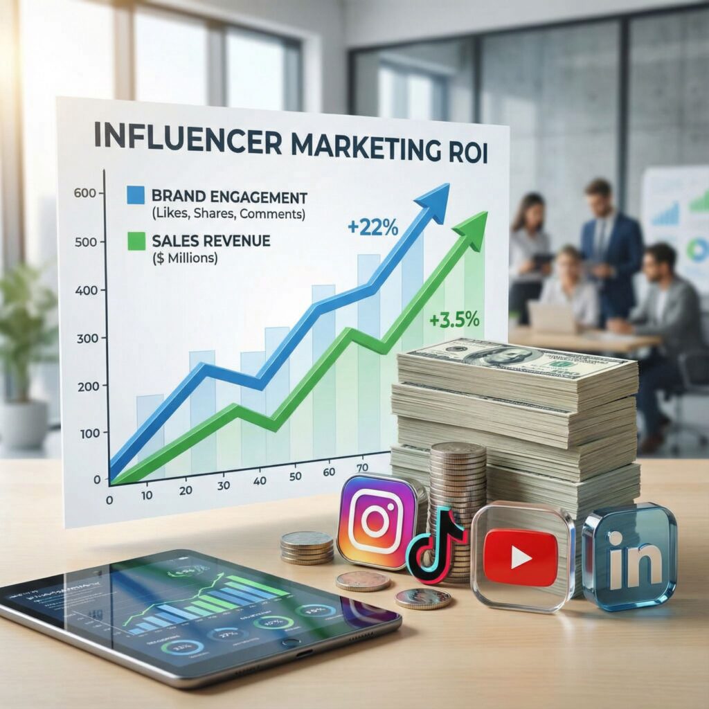 인플루언서 마케팅 수익률을 보여주는 그래프 옆에 브랜드 참여도와 판매 지표가 상승하는 모습과 돈 더미,