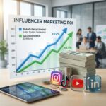 인플루언서 마케팅 수익률을 보여주는 그래프 옆에 브랜드 참여도와 판매 지표가 상승하는 모습과 돈 더미,