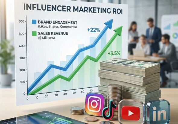 인플루언서 마케팅 수익률을 보여주는 그래프 옆에 브랜드 참여도와 판매 지표가 상승하는 모습과 돈 더미,