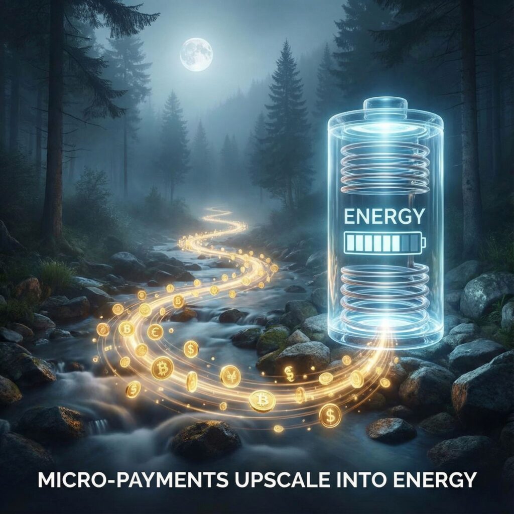 작고 반짝이는 동전들이 흐르듯 모여 강력하게 빛나는 배터리를 채우는 모습입니다.