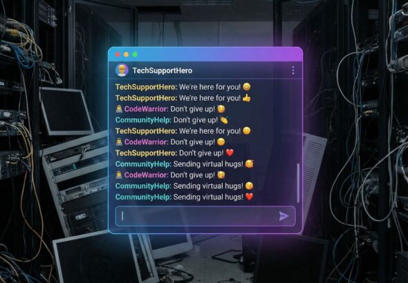 검은 화면의 고장 난 서버실을 배경으로 화면에 생생한 채팅창이 떠 있어 활기찬 온라인 공동체를 표현한