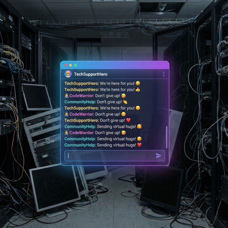 검은 화면의 고장 난 서버실을 배경으로 화면에 생생한 채팅창이 떠 있어 활기찬 온라인 공동체를 표현한