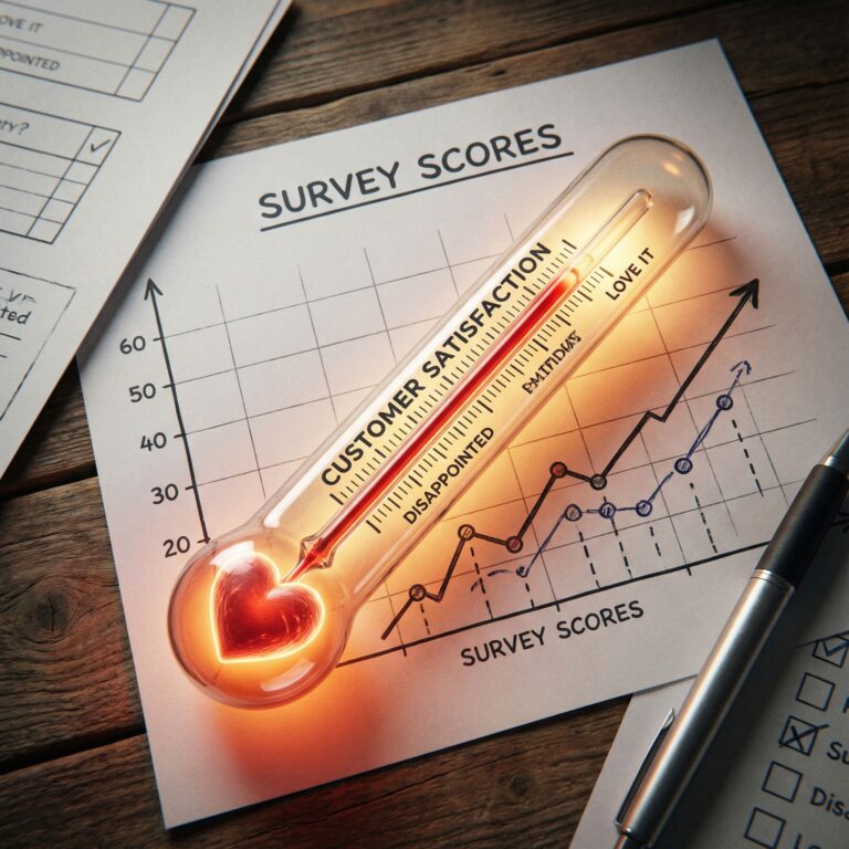 중앙에 하트가 있는 빛나는 온도계가 고객 만족도를 측정하며 설문 점수 그래프를 배경으로 놓여 있다.