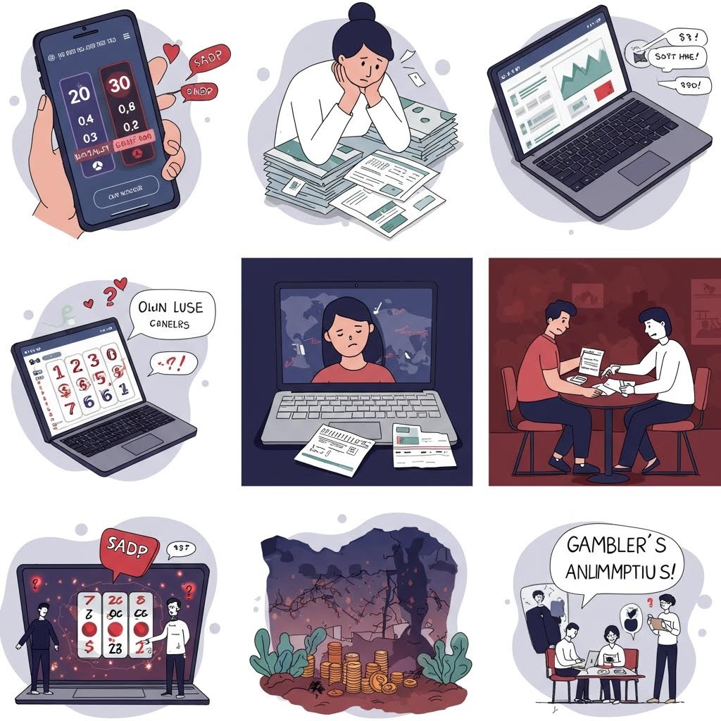 도박 중독으로 인한 재정 문제·감정 변화·상담 장면 등을 단계별로 보여주는 일러스트 모음