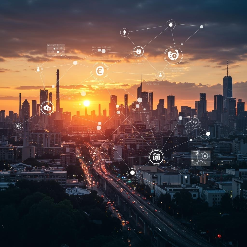 도시 전경 위로 디지털 금융 아이콘과 네트워크 연결 구조가 표시된 스마트시티 개념 이미지