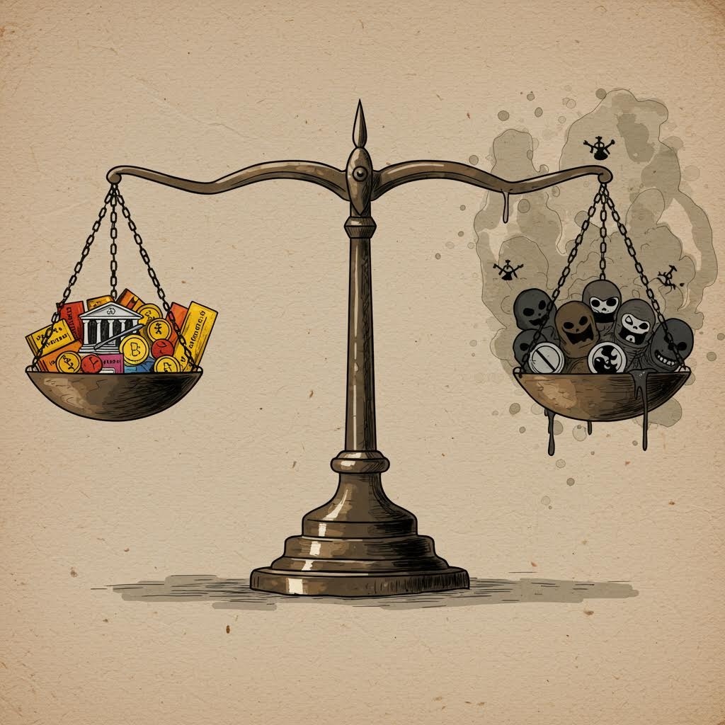 금융 자산과 부정적 요소가 저울 양쪽에 대비되어 있는 일러스트