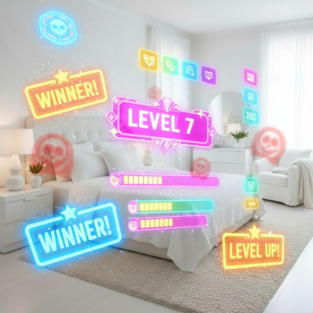 침실 공간 위로 ‘LEVEL UP’과 ‘WINNER’ 같은 게임 UI 요소가 떠 있는 게이미피케이션 콘셉트 이미지