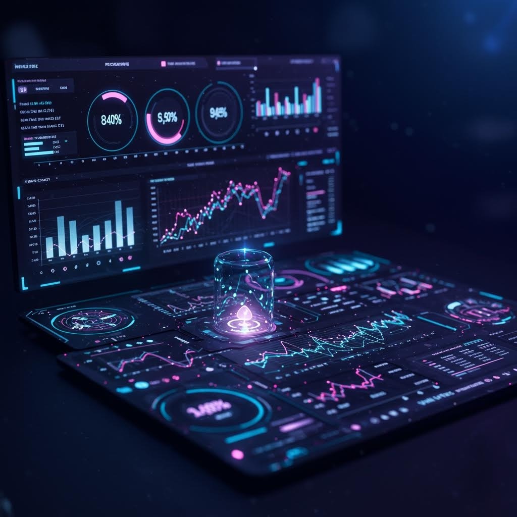 차트와 지표가 가득한 고급 금융 분석 대시보드가 미래형 인터페이스로 표현된 화면