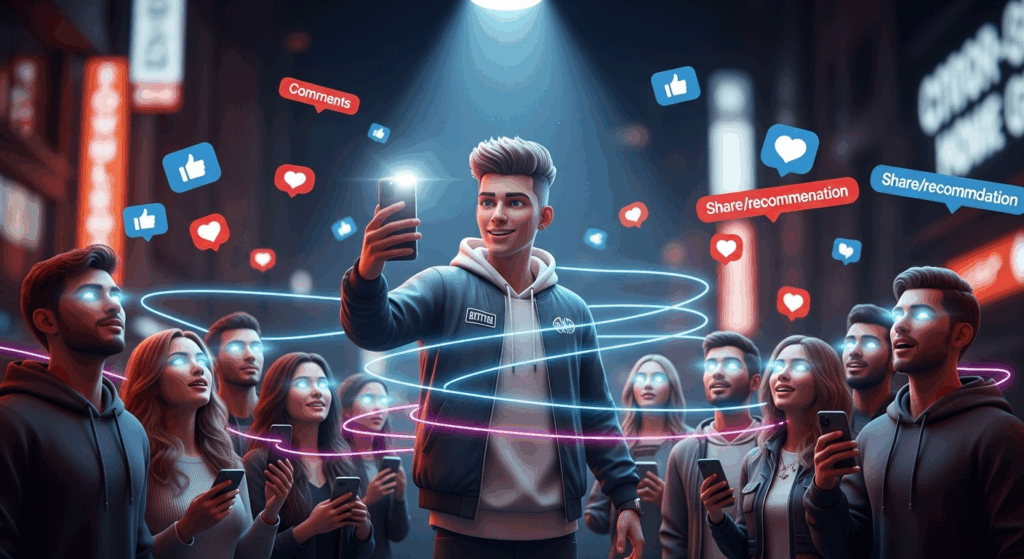 SNS 아이콘과 하트·댓글 효과가 사람들 주변을 감싸며 디지털 영향력을 시각화한 장면
