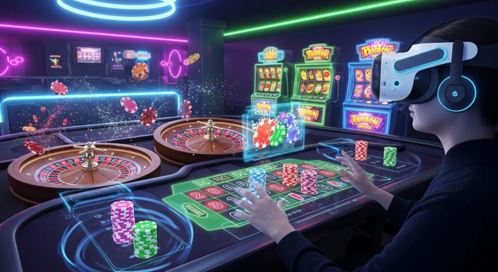VR 헤드셋을 착용한 사용자가 가상 카지노에서 룰렛과 슬롯머신을 조작하는 몰입형 게임 장면