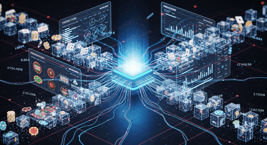 중앙 프로세서에서 여러 도박 데이터와 예측 그래프가 연결되는 AI 분석 네트워크 이미지