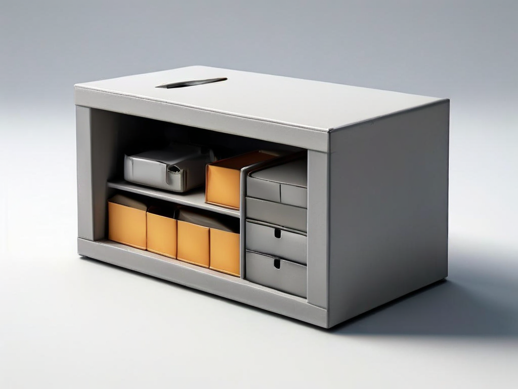 Small archive boxes and blank compartment inserts on a matte gray surface, soft side light and clean shadow.
