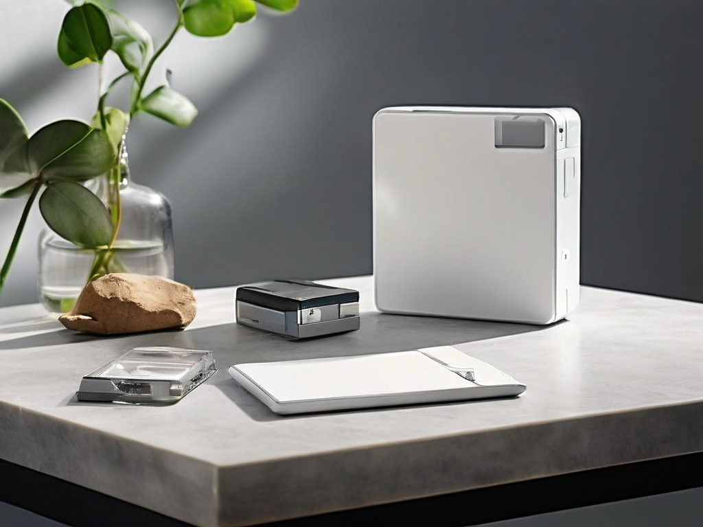 Memory card, external drive, and blank photo sleeve on a stone counter, soft studio light.