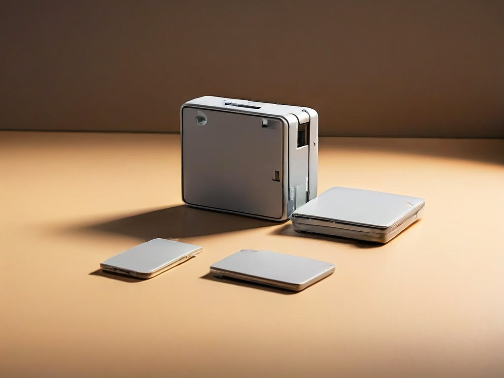 Three storage objects arranged on a gray surface with soft side lighting, representing an image archive review.