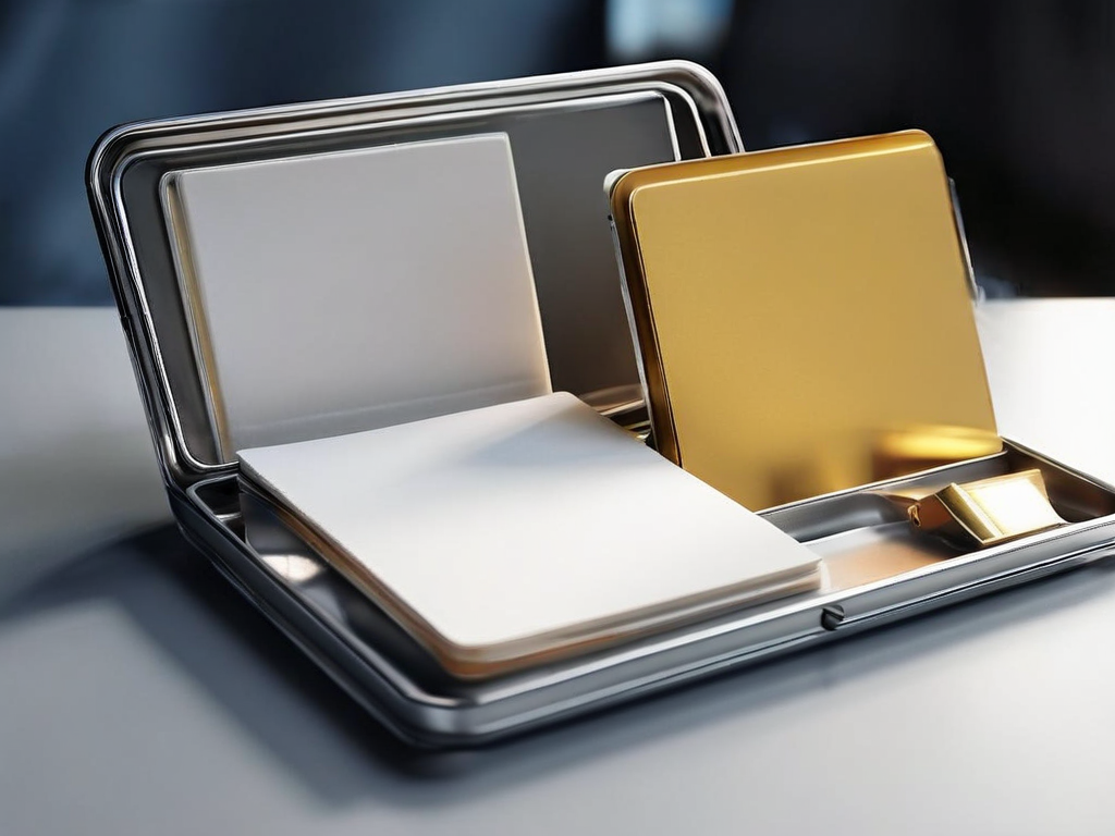Brushed metal tray holding blank divider cards arranged in slots, morning light casting soft shadows across the surface.