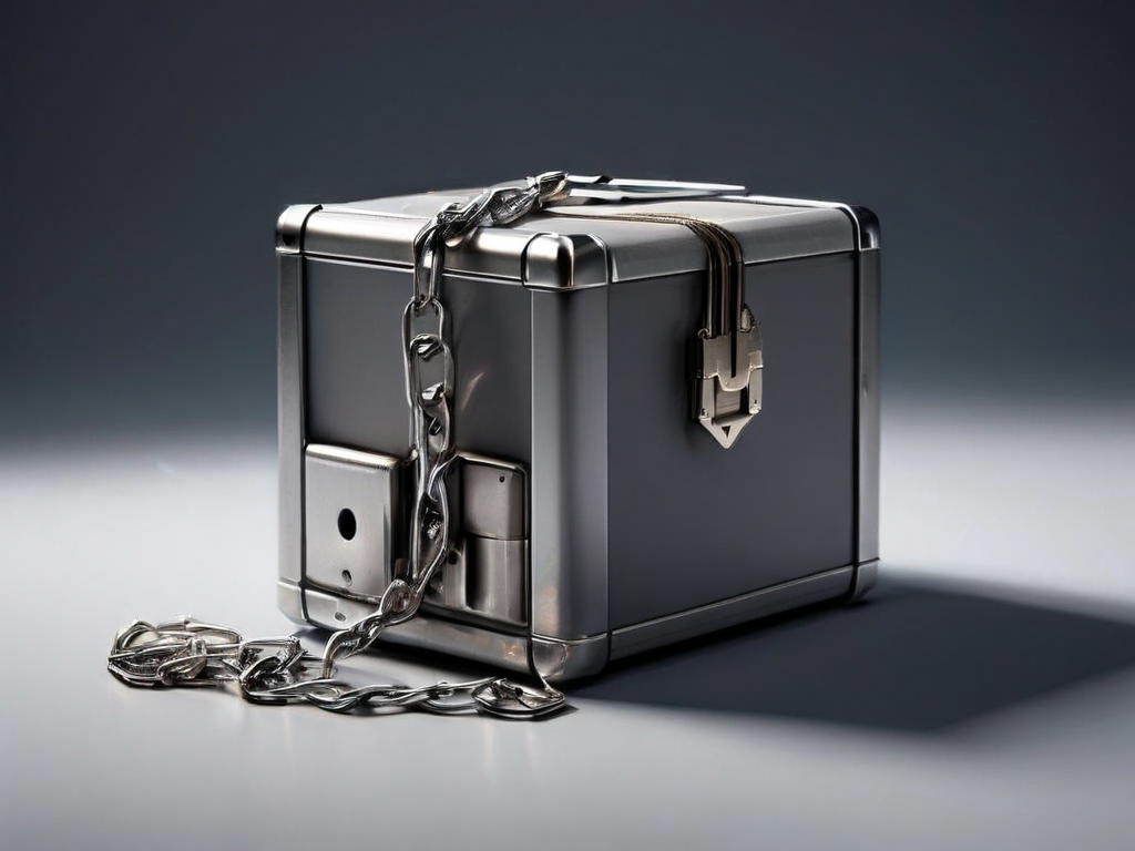 A sealed metal storage case with a short chain and small block icons beside it, symbolizing file location access.