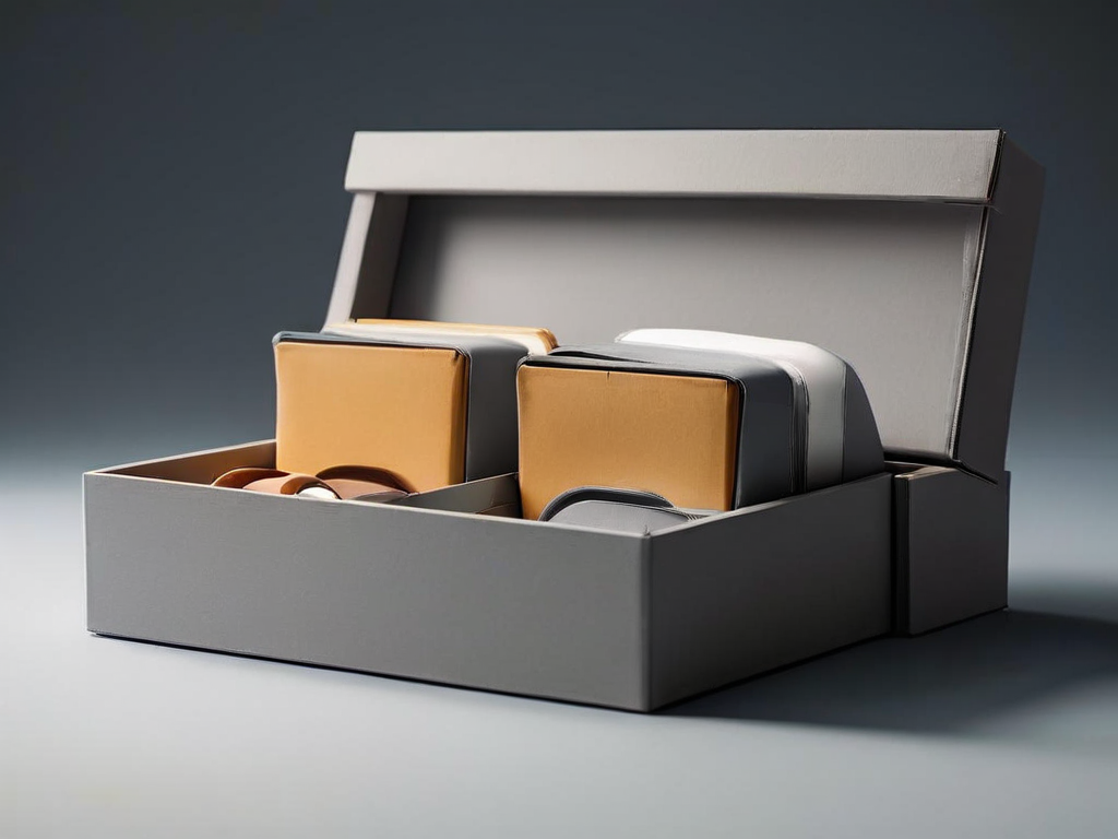 Small archive boxes and blank compartment inserts on a gray studio surface, symbolizing practical information grouping.