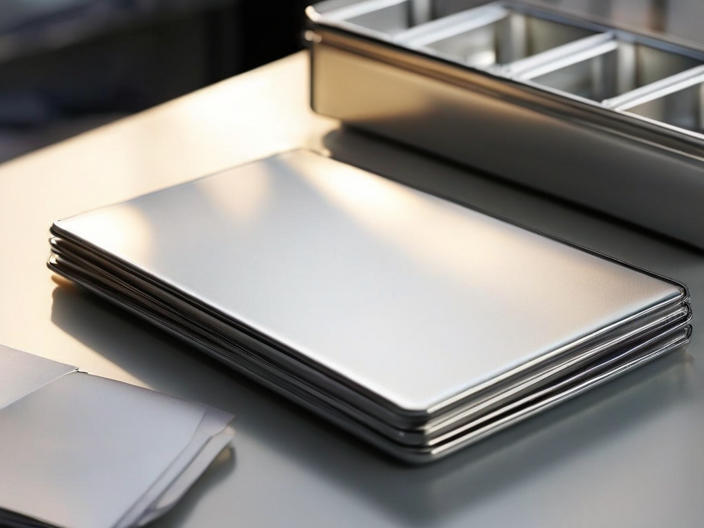 Blank divider cards in a brushed metal storage tray, bathed in angled morning daylight with shallow depth of field.