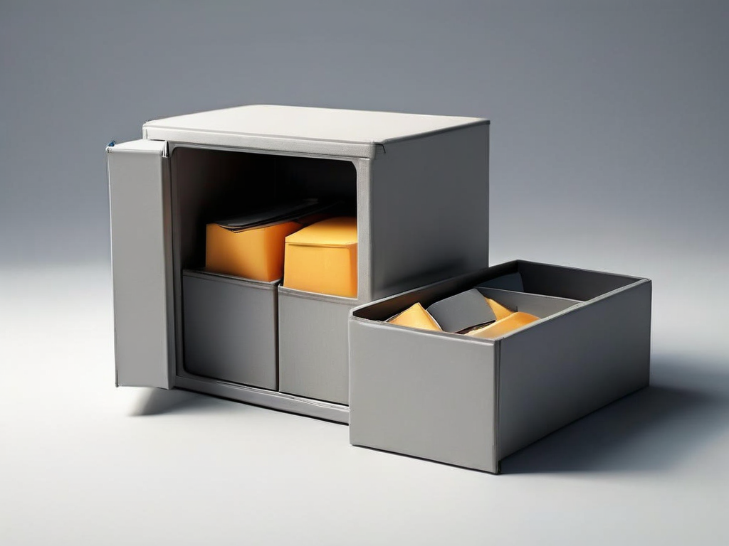 Small archive boxes and blank compartment inserts on a matte gray surface, soft lighting, minimal composition