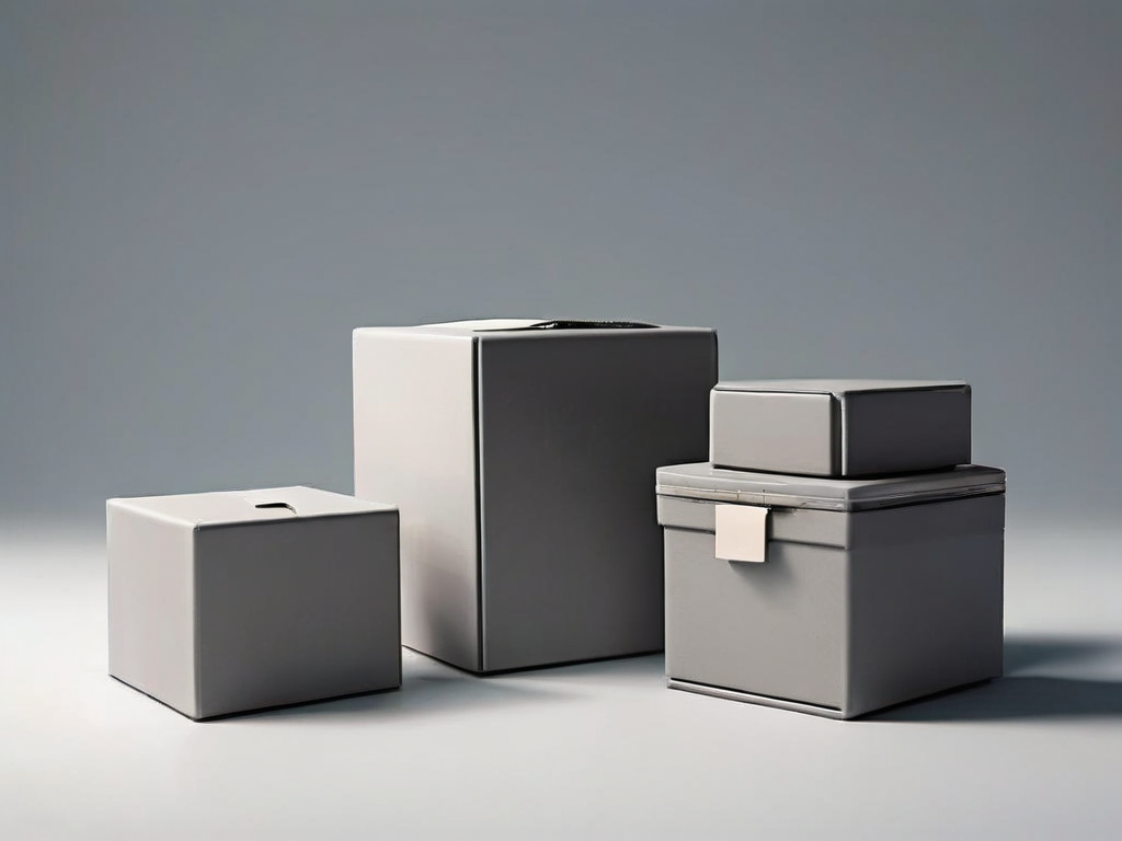 Small archive boxes and blank compartment inserts on a matte gray surface, representing practical information grouping for local...