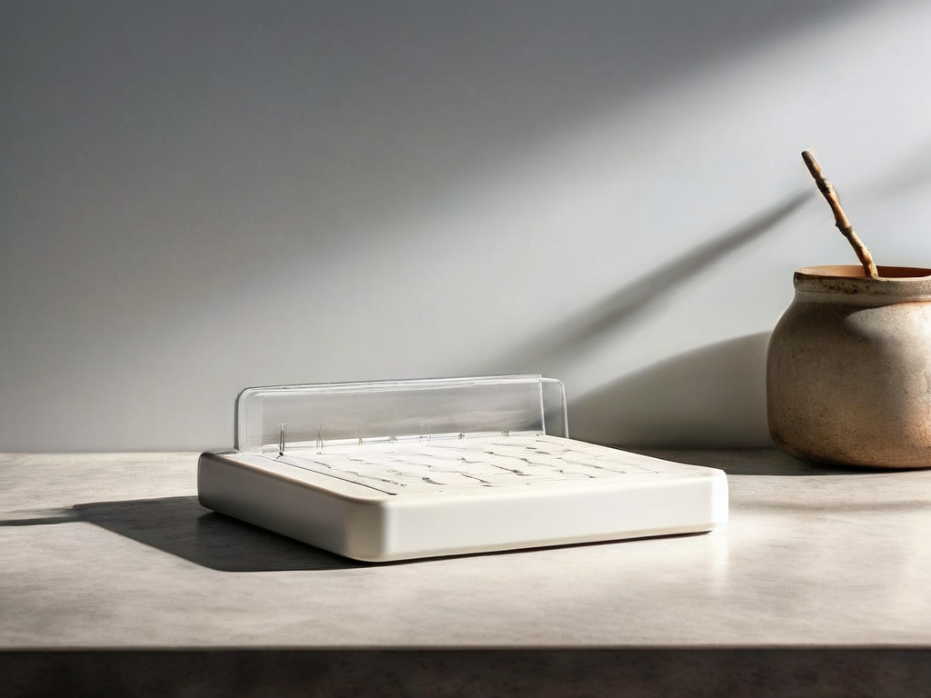A sealed drive with a small calendar stamp on its side, resting in an acrylic tray on a stone counter.