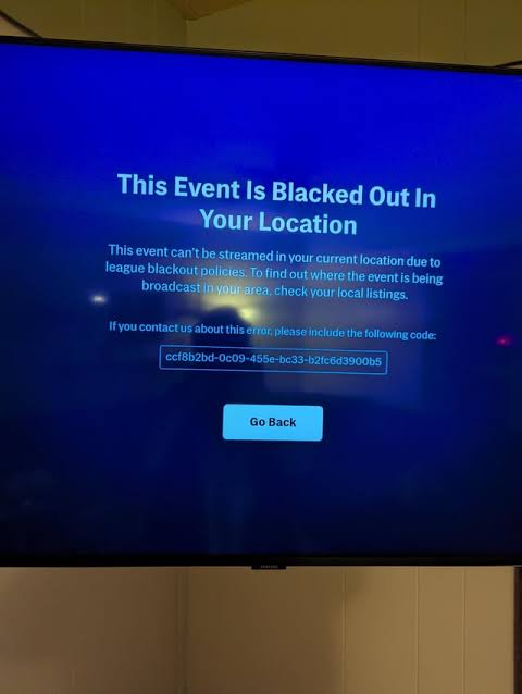Sports streaming notice explaining a regional blackout and showing the authorized local broadcaster.