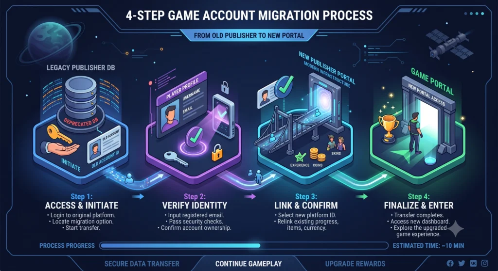 4 step account migration and support ticket workflow flowchart for a new game publisher.