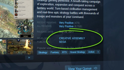 Diagram showing how to check Publisher and Developer fields on Steam Store to verify a new publisher.